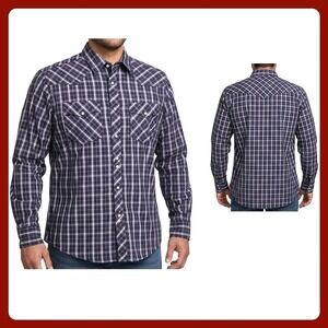 Studio 10 Mens Medium Plaid‎ Western Snap Shirt Blue Red Long Sleeve